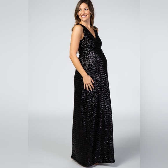 PinkBlush Women’s Black Sequin V-Neck Sleeveless Maternity Evening Gown Sz Small - Picture 3 of 14